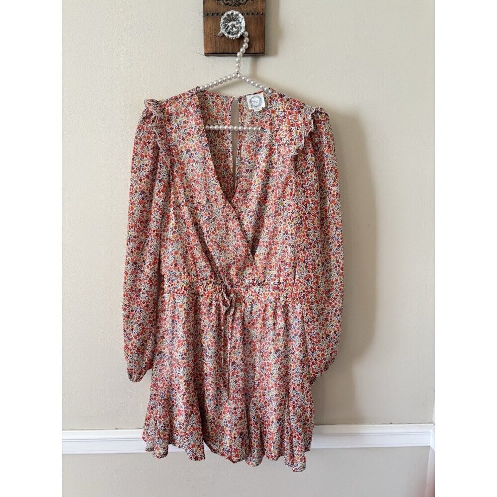 Blue Rain Womens Size M Orange Floral Romper Long Sleeve